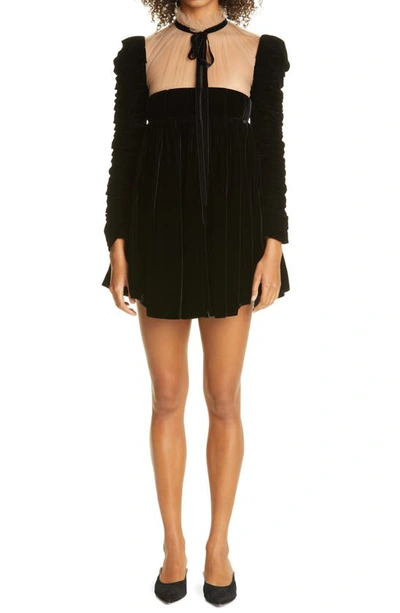 Shop Khaite Ann Ruched Puff Sleeve Velvet Minidress In Black