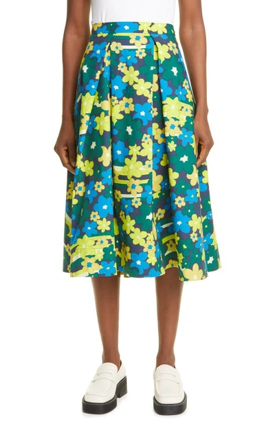 Shop Marni Floral Print Pleated Cotton Skirt In Jade