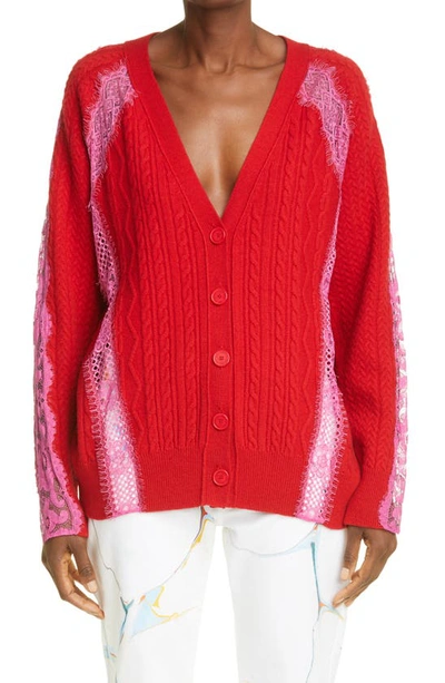Shop Stella Mccartney Lace Inset Cable Wool Cardigan In Power Red