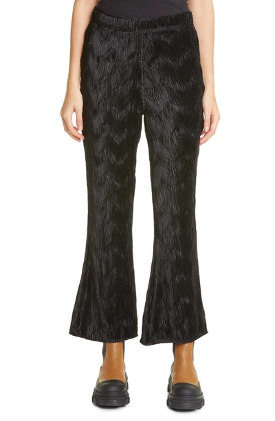 Shop Ganni Pleated Flare Leg Satin Crop Pants In Black