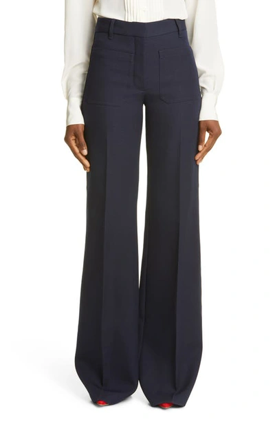 Shop Victoria Beckham High Waist Patch Pocket Wool Pants In Dark Navy