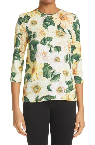 Shop Dolce & Gabbana Floral Print Stretch Silk Top In Yellow Camellia