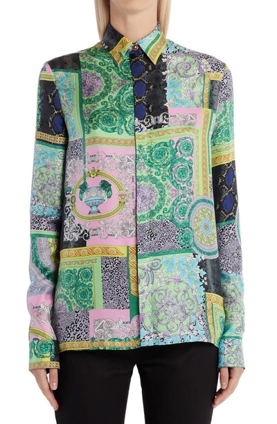 Shop Versace Patchwork Barocco Button-up Silk Blouse In Multi