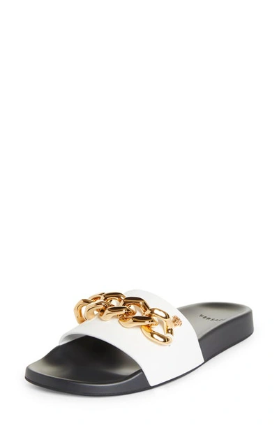 Shop Versace Medusa Chain Slide Sandal In White/ Black/ Gold