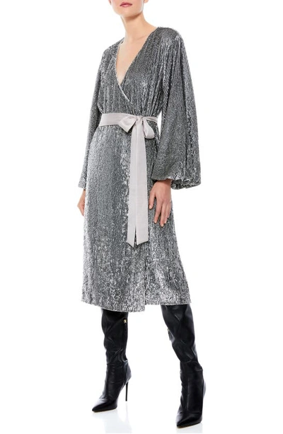 Shop Alice And Olivia Anne Sequin Long Sleeve Wrap Dress In Silver/ Gunmetal