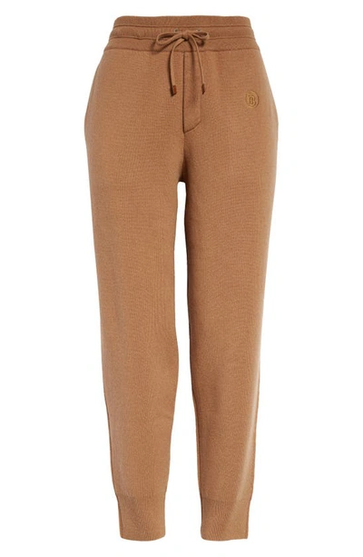 Shop Burberry Tb Monogram Embroidered Cashmere Blend Crop Joggers In Camel