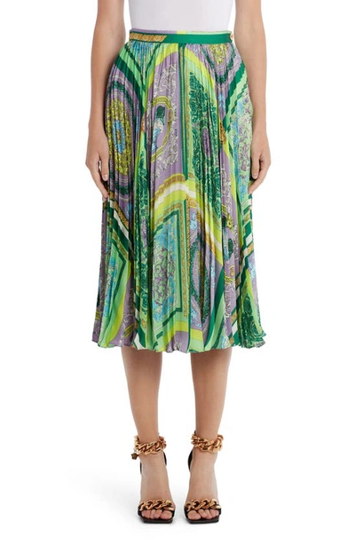 Shop Versace Barocco Mosaic Print Pleated Midi Skirt In 5l000 Lilac Water Green