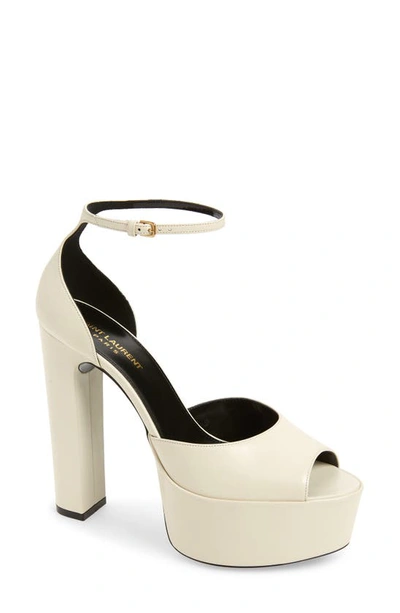 Saint Laurent Platform Ankle-strap Leather Sandals In Pearl