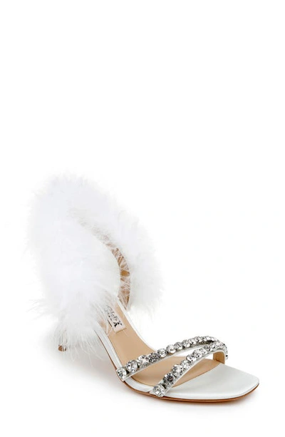 Shop Badgley Mischka Harley Feather Embellished Sandal In Soft White Satin