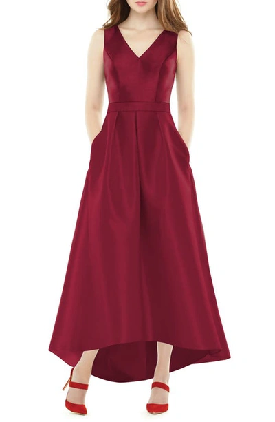 Shop Alfred Sung Satin High/low Gown In Burgundy