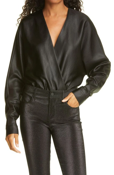 Shop Rta Alya Long Sleeve Faux Leather Bodysuit In Black