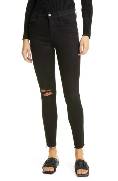 Shop Frame Le High Skinny Ripped Raw Hem Ankle Jeans In Blackfish Rips