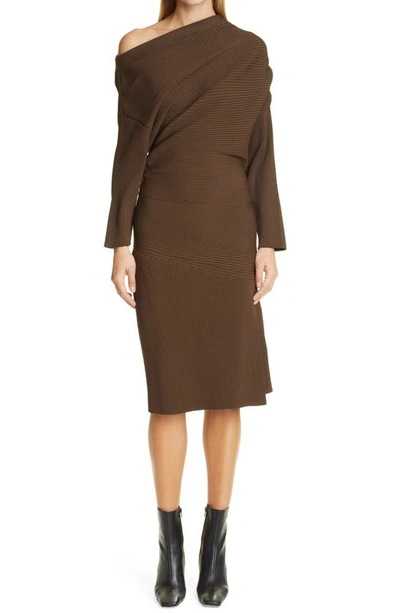 Shop Proenza Schouler Rib One-shoulder Long Sleeve Dress In Dark Brown