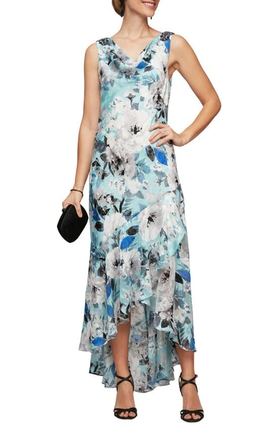 Shop Alex Evenings Floral High/low Chiffon Dress In Ivory Seafoam