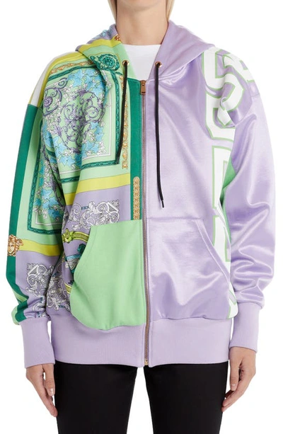 Shop Versace Barocco Mosaic Print Mixed Media Hoodie In Lilac Water Green