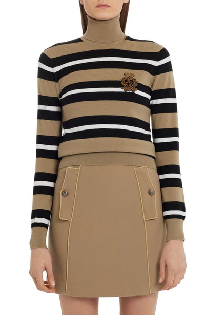 Shop Dolce & Gabbana Stripe Turtleneck Sweater In Camel Black