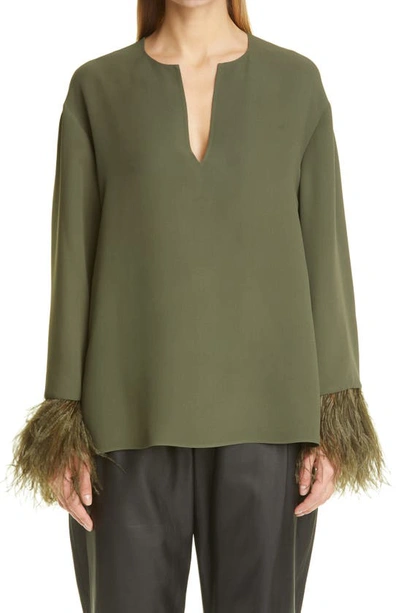 Shop Valentino Feather Cuff Silk Tunic In Sage