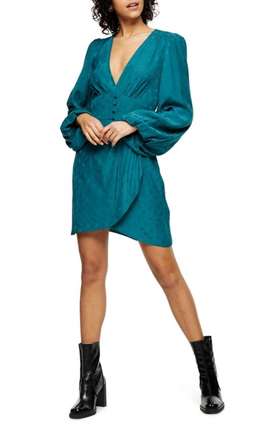 Topshop Jacquard Plunge Button Mini Dress In Green | ModeSens