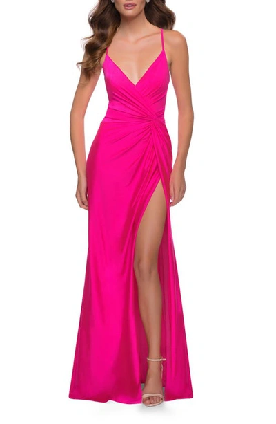 Shop La Femme Strappy Back Jersey Gown In Hot Pink