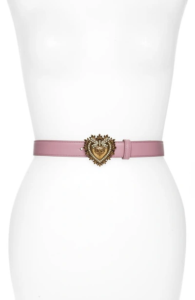 Shop Dolce & Gabbana Devotion Logo Heart Buckle Leather Belt In Rosa