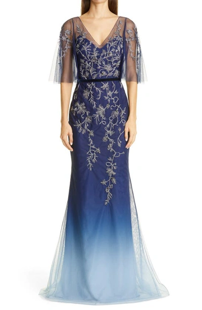 Shop Marchesa Notte Embroidered Tulle Gown In Navy