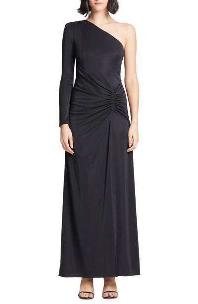 Shop Halston Heritage Ruched One-sleeve Metallic Knit Gown In Black