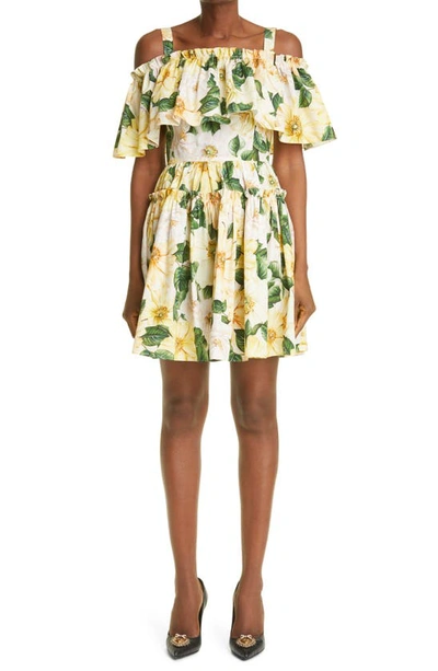 Shop Dolce & Gabbana Camellia Print Cold Shoulder Tiered Dress In Yellow Camellia