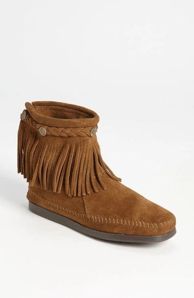 Minnetonka Fringed Moccasin Bootie In Dusty Brown