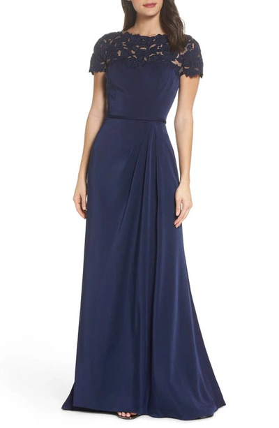 Shop La Femme Lace Yoke A-line Gown In Navy