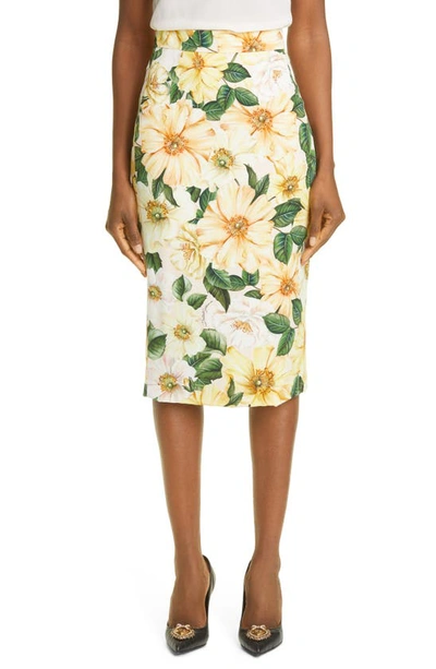 Shop Dolce & Gabbana Camellia Print Stretch Silk Midi Pencil Skirt In Yellow Camellia