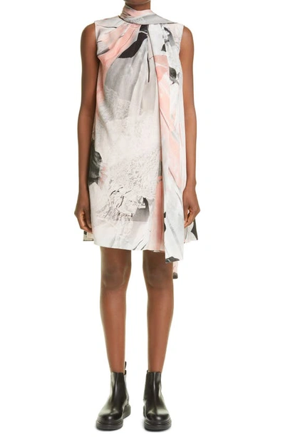Shop Alexander Mcqueen Trompe L'oeil Floral Print Scarf Neck Silk Dress In Ivory