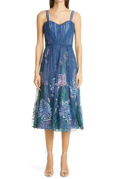 Shop Marchesa Notte Embroidered Mesh Midi Cocktail Dress In Navy