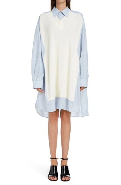Shop Maison Margiela Oversize Knit Vest Cotton Shirtdress In Light Sky With White Stripes