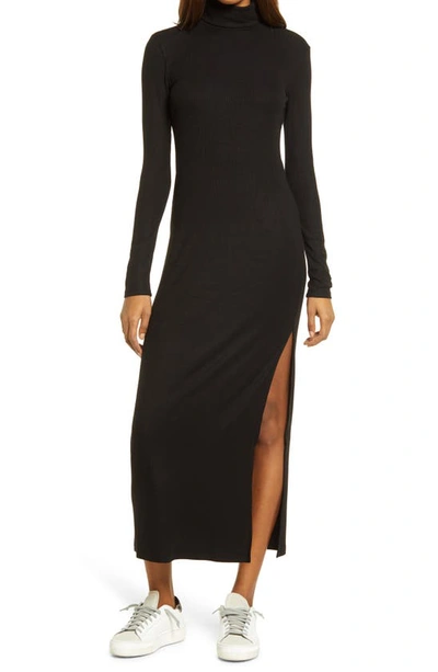 Shop Ninety Percent Rib Turtleneck Long Sleeve Dress In Black