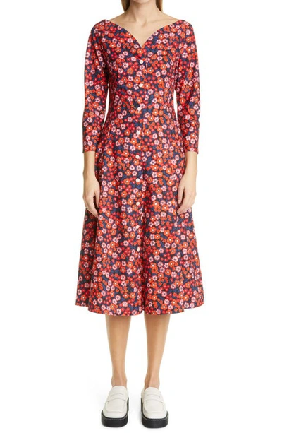 Shop Marni Pop Garden Floral Print Fit & Flare Midi Dress In Black