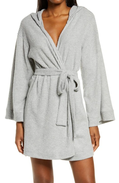Shop Socialite Waffle Knit Hooded Short Robe In H Grey