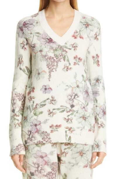 Shop Adam Lippes Floral Print Cashmere & Silk Sweater In White Floral