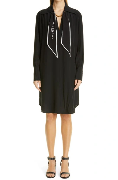 Shop Givenchy Logo Scarf Neck Long Sleeve Silk Shirtdress In Black