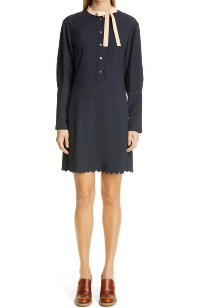 Shop Chloé Scallop Hem Long Sleeve Dress In Abyss Blue