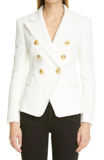 Shop Balmain Double Breasted Tweed Jacket In Blanc