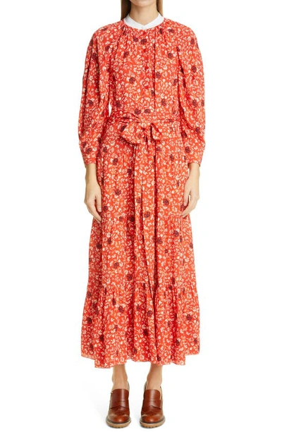 Shop Chloé Floral Print Crepe Dress In Bubbling Orange