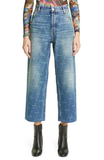 Shop Balenciaga License Logo Organic Cotton Crop Jeans In Authentic Dark Blue