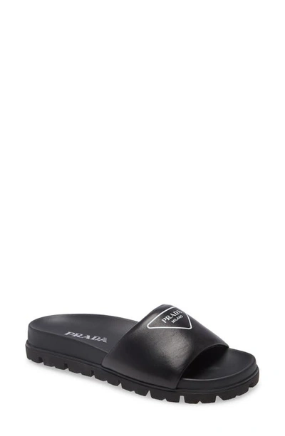 Shop Prada Logo Slide Sandal In Nero