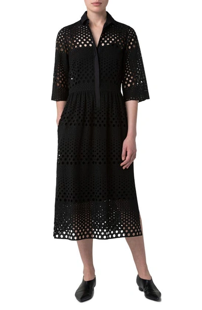 Shop Akris Punto Long Sleeve Cotton Eyelet Midi Dress In Black