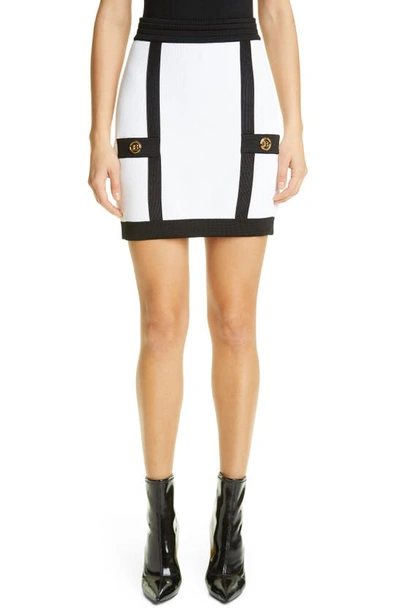 Shop Balmain Two-tone Sweater Miniskirt In Blanc/ Noir