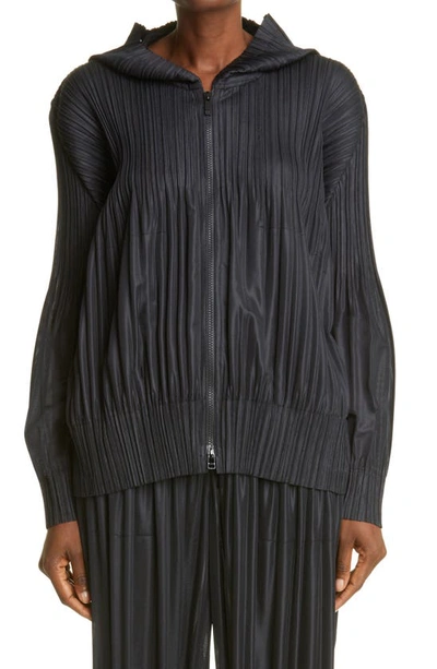 Shop Issey Miyake Pleated Zip Front Hoodie In Black