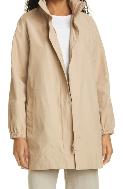 Shop Eileen Fisher Stand Collar Hidden Hood Organic Cotton Blend Coat In Khaki