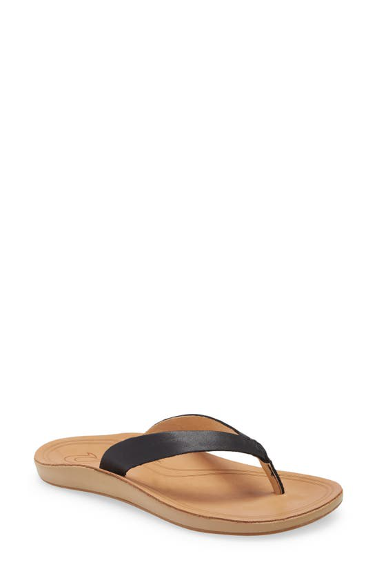 Olukai Nonohe Leather Flip Flop In Black Golden Sand Leather Modesens