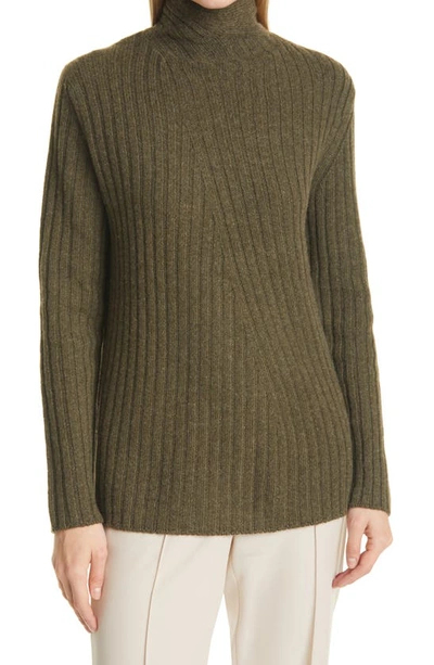 Shop Vince Twist Neck Wool & Cashmere Turtleneck Sweater In Heather Antique Olive
