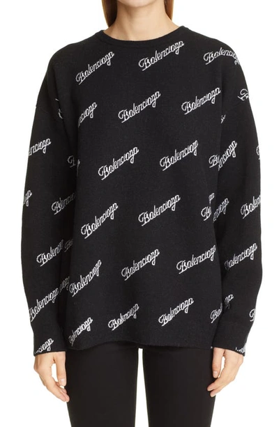 Shop Balenciaga Script Logo Jacquard Wool Blend Sweater In Black/ White